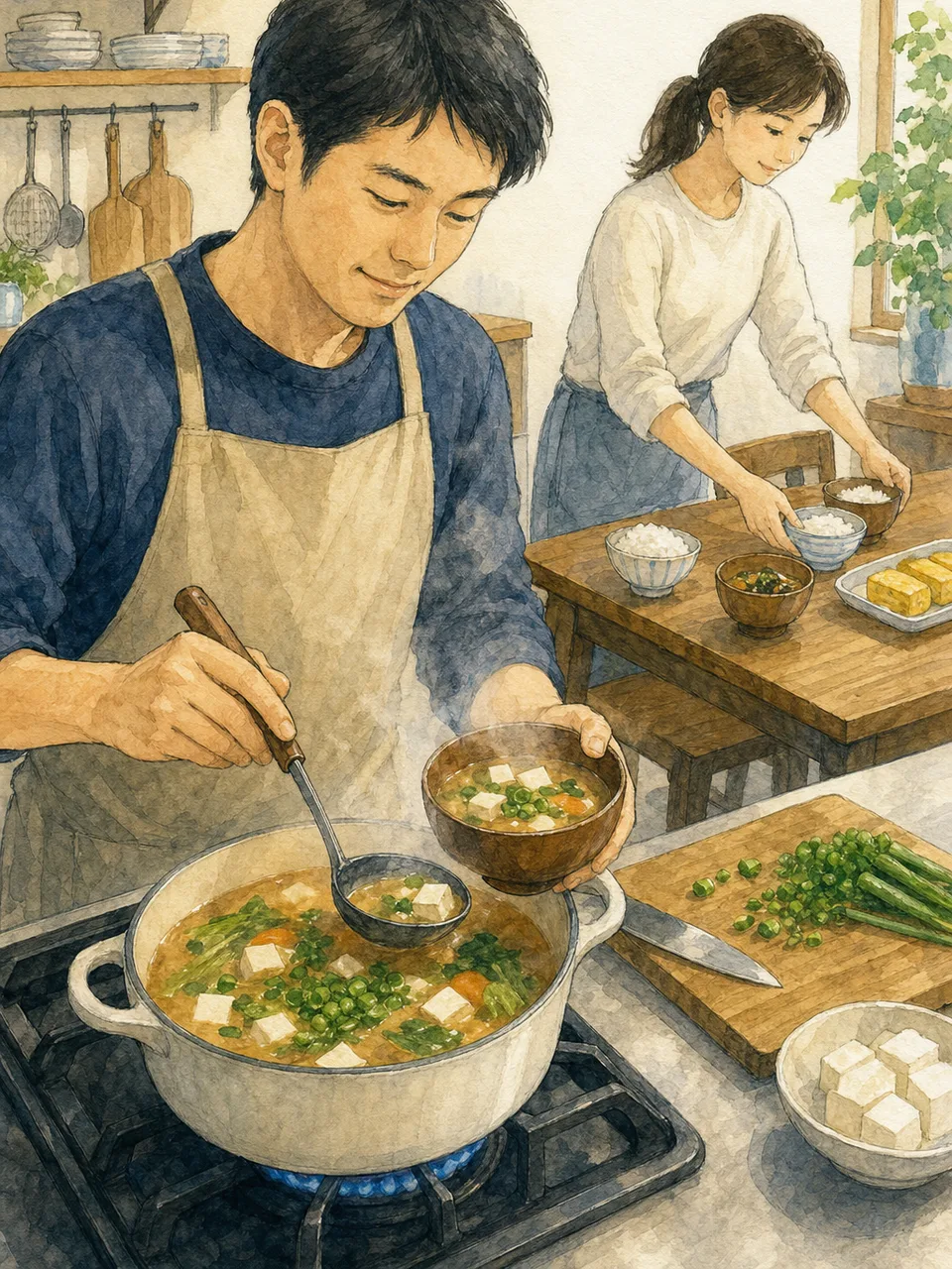 味噌汁を作る日本人の朝（手描き水彩）。味噌汁、和朝食、家庭料理、朝ごはんの記事向け素材です。