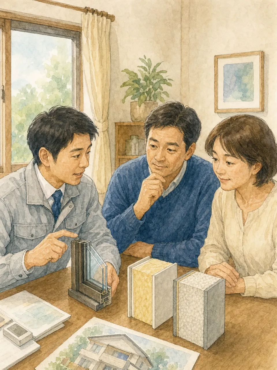 住宅の断熱を確認する日本人（手描き水彩）。住宅の断熱、省エネ住宅、窓、住宅性能の記事向け素材です。