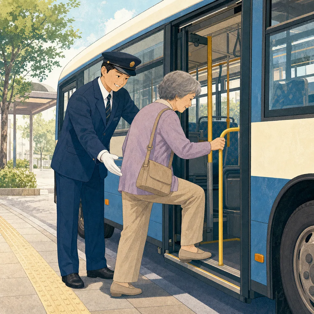 乗客を迎える日本人バス運転手（編集記事向け）。バス運転手、公共交通、バリアフリー、地域交通の記事向け素材です。
