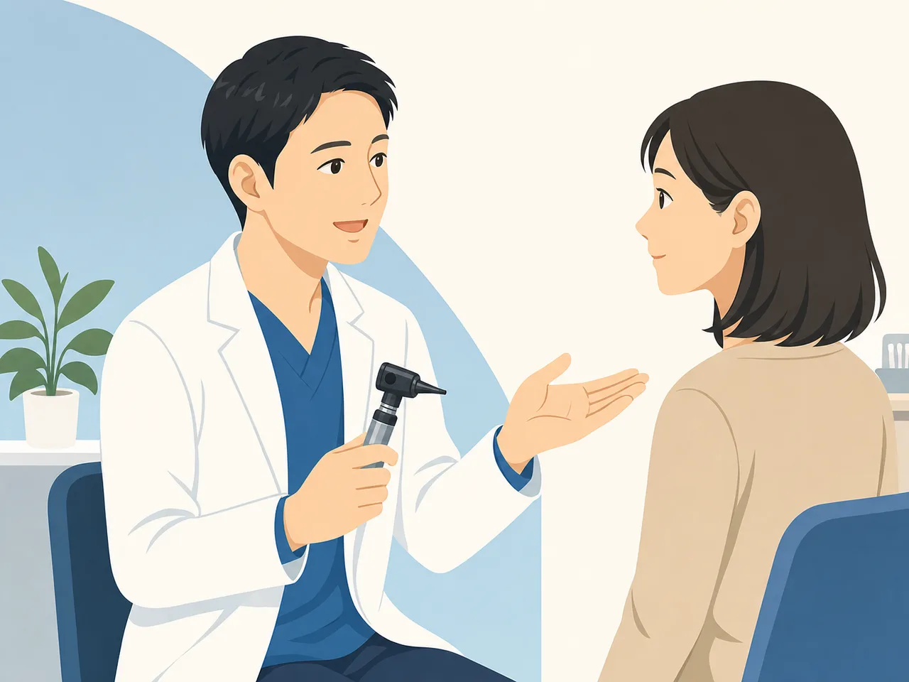 耳鼻科で診察を受ける日本人患者（フラットイラスト）。耳鼻科、耳の診察、医療、クリニックの記事向け素材です。