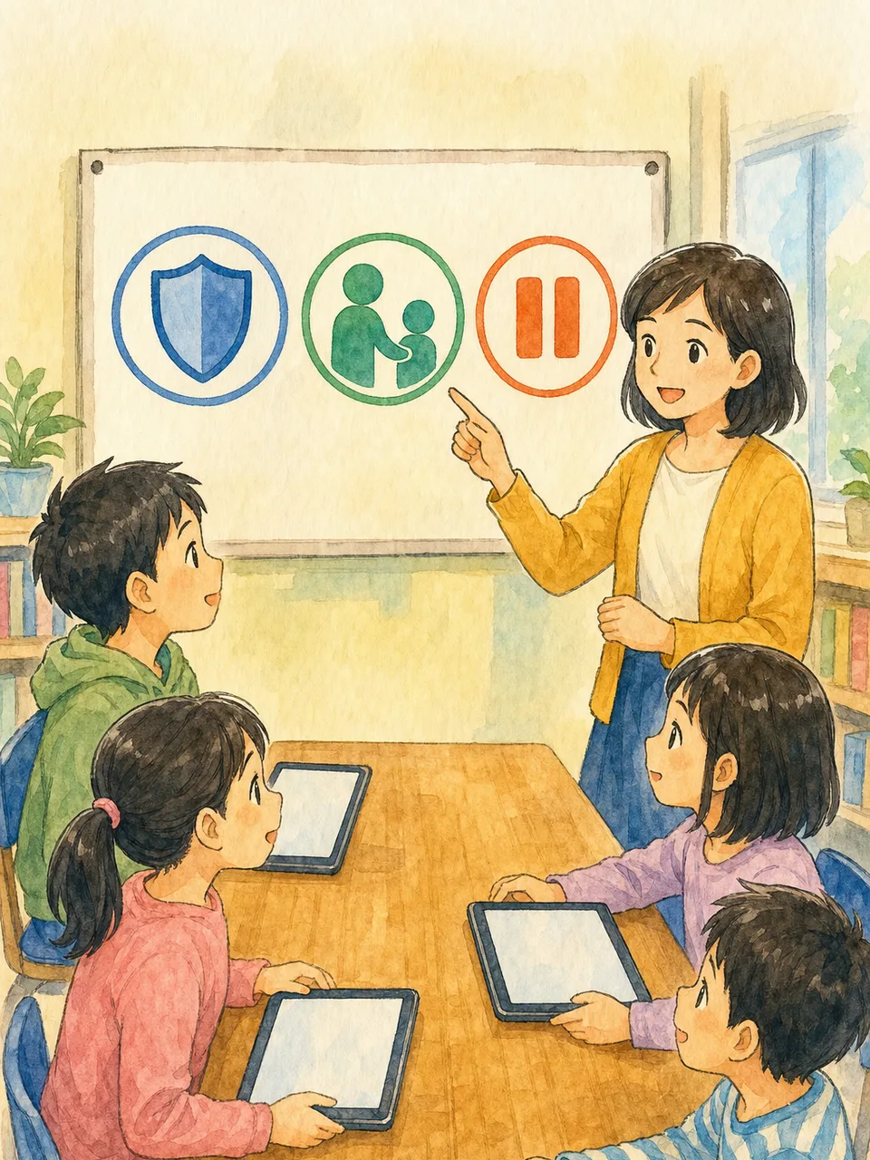 インターネット安全を学ぶ日本人の子ども（手描き水彩）。ネット安全、情報モラル、子ども、インターネットの記事や案内に使える商用素材です。