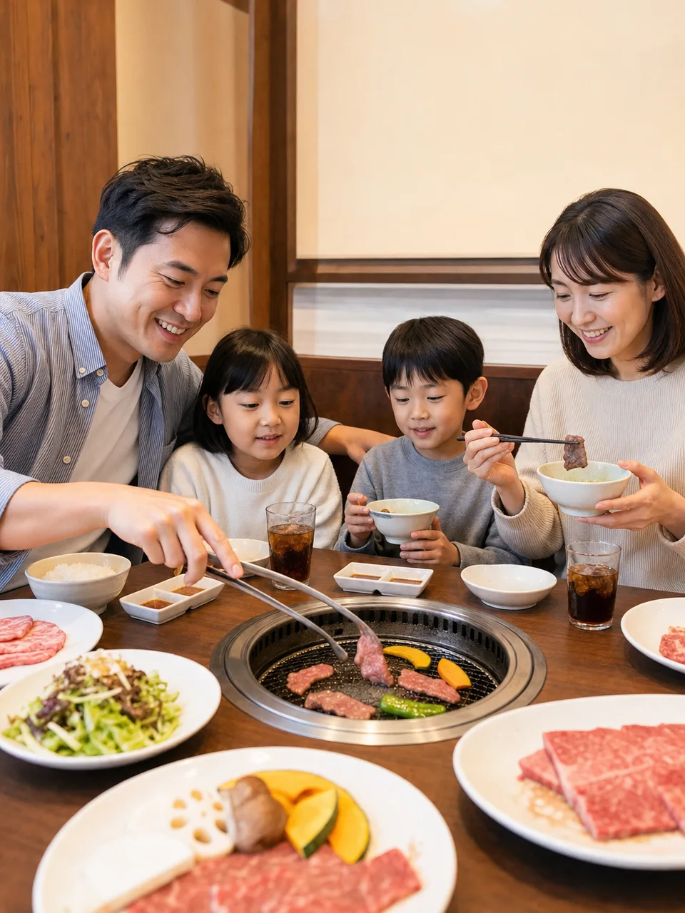 焼肉を楽しむ日本人家族（自然な縦位置写真）。焼肉、家族、外食、食事の記事に使える素材です。