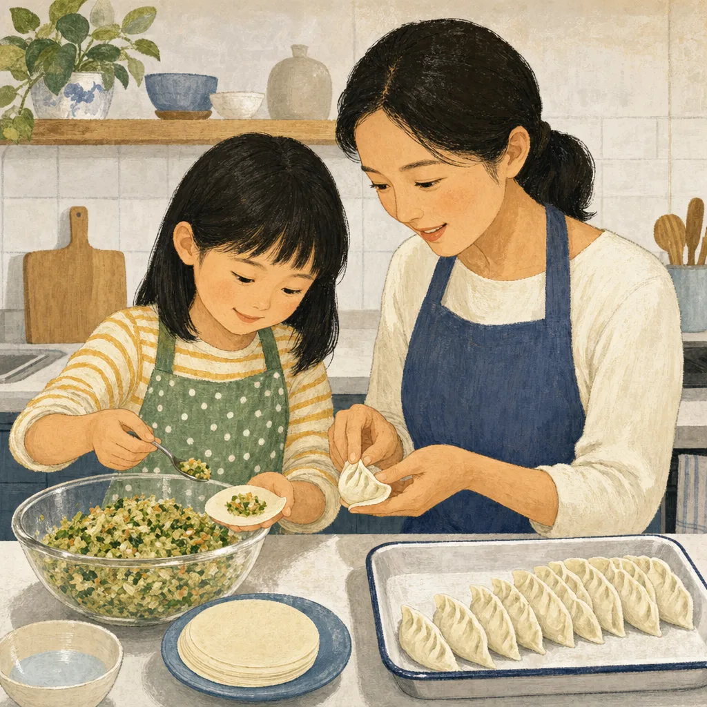 餃子を包む日本人家族（編集記事向け）。餃子、家庭料理、親子、食育の記事に使える素材です。