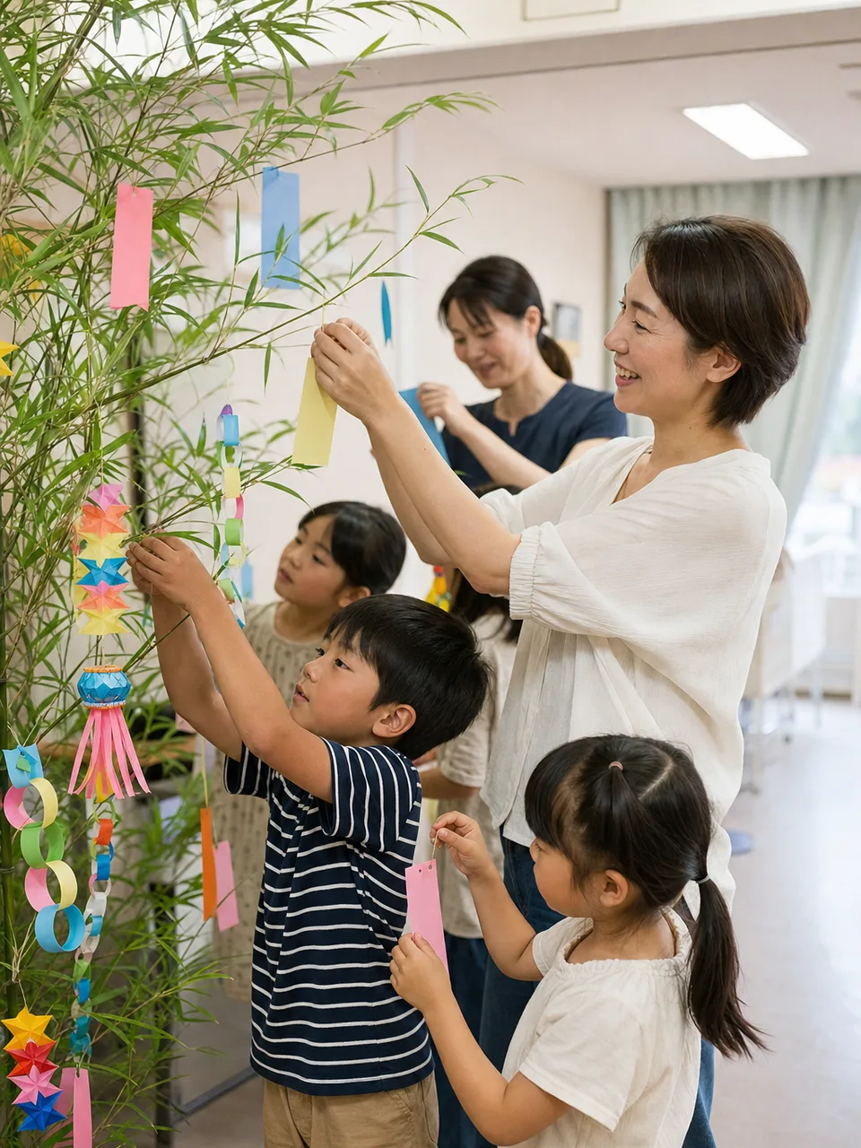 七夕飾りを作る日本の子どもたち（自然な縦位置写真）。七夕、夏の行事、保育、地域イベントに使える季節素材です。