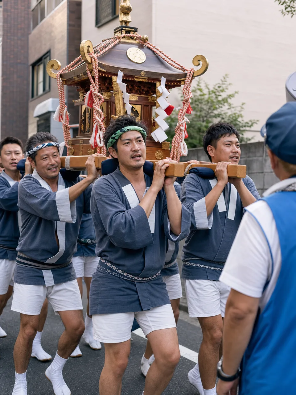 神輿を支える日本人地域住民（自然な縦位置写真）。神輿、地域祭り、伝統行事、祭礼の記事や案内に使える商用素材です。