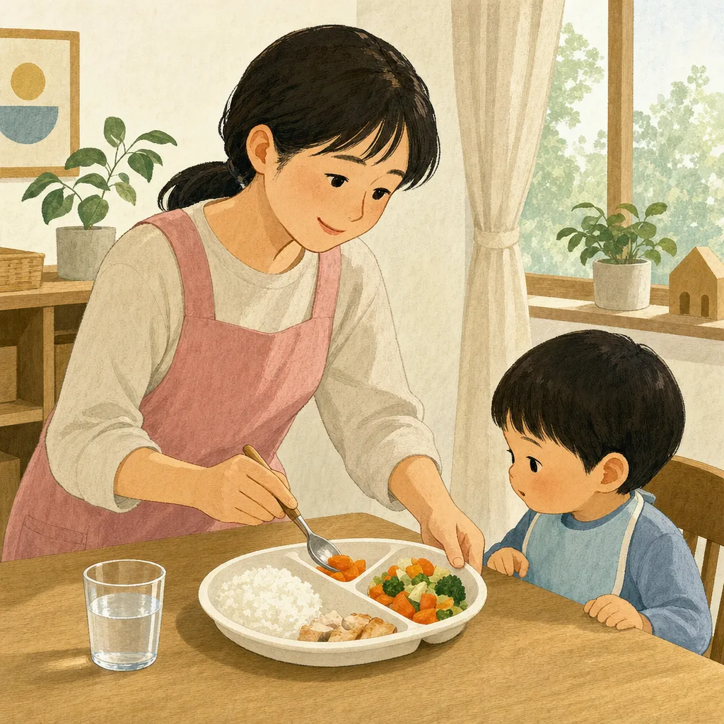 子どもの昼食を盛り付ける日本人（編集記事向け）。子どもの昼食、幼児食、食育、家庭料理の記事や案内に使える商用素材です。