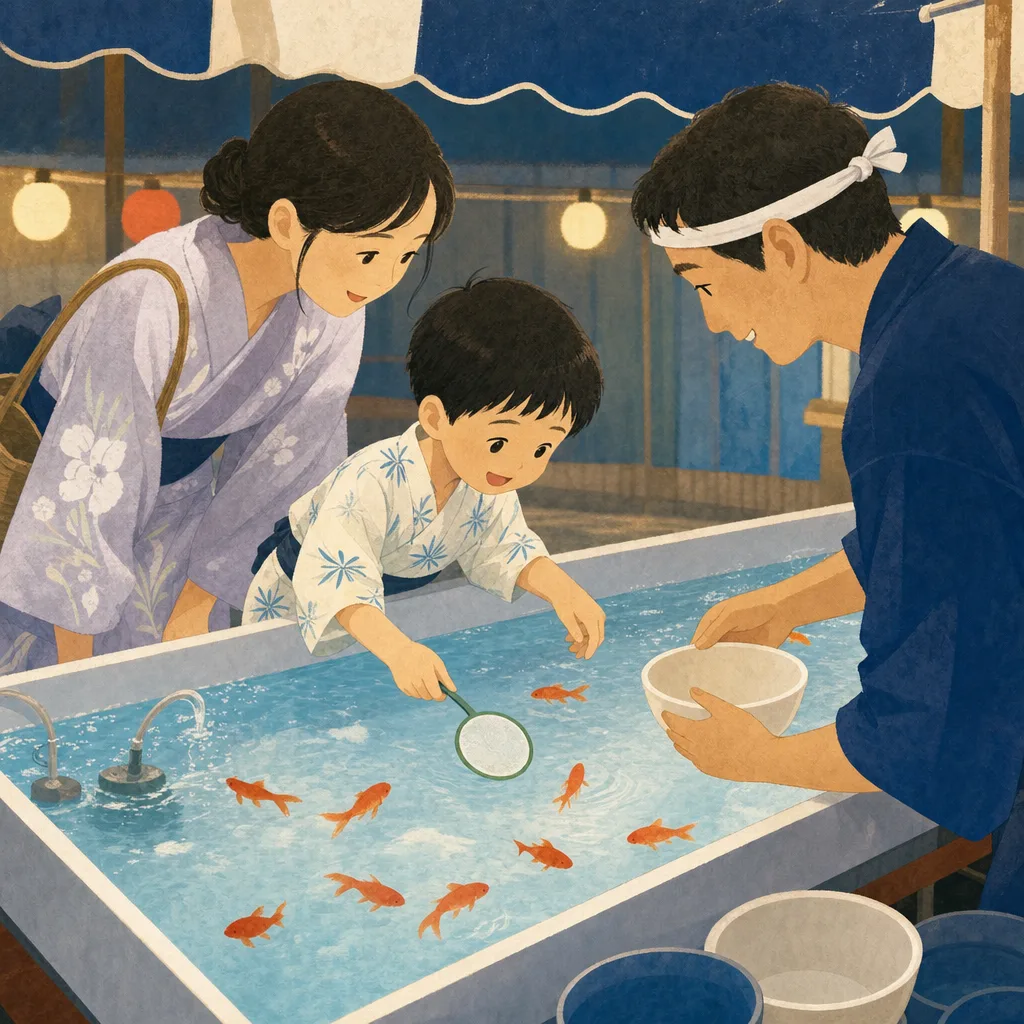 金魚すくいを楽しむ日本人親子（編集記事向け）。金魚すくい、夏祭り、親子、縁日の記事や案内に使える商用素材です。