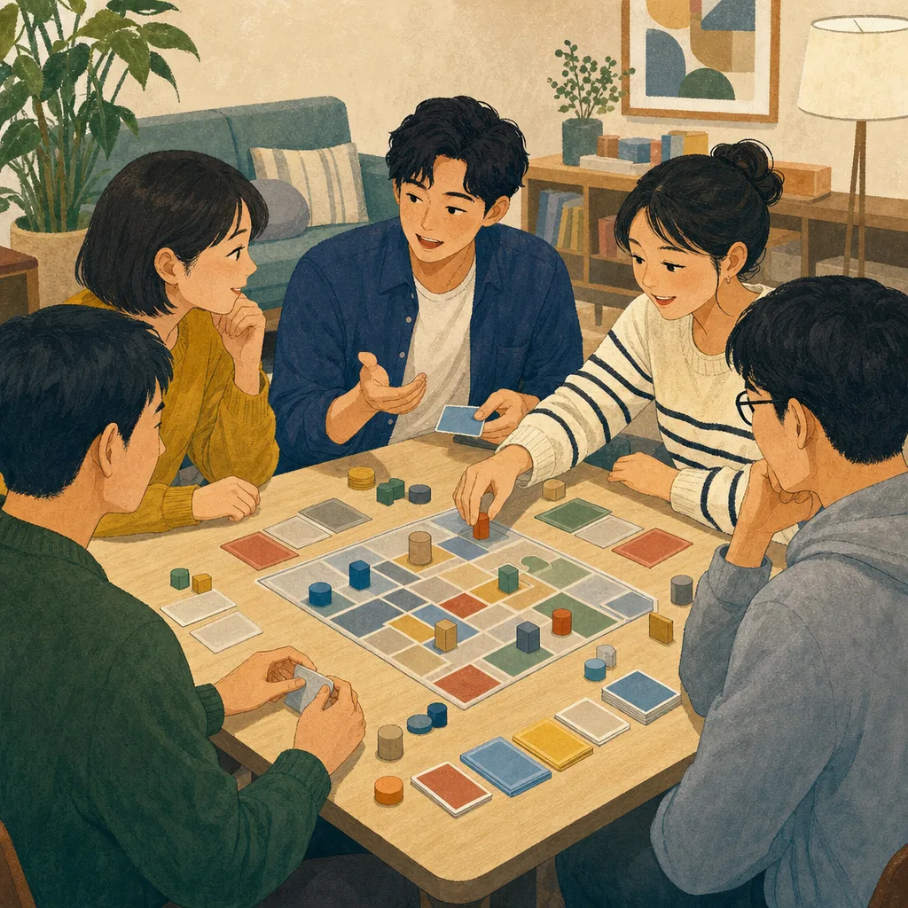 ボードゲームを楽しむ日本人の友達（編集記事向け）。男女の友達、友情、ボードゲーム、交流の記事向け素材です。