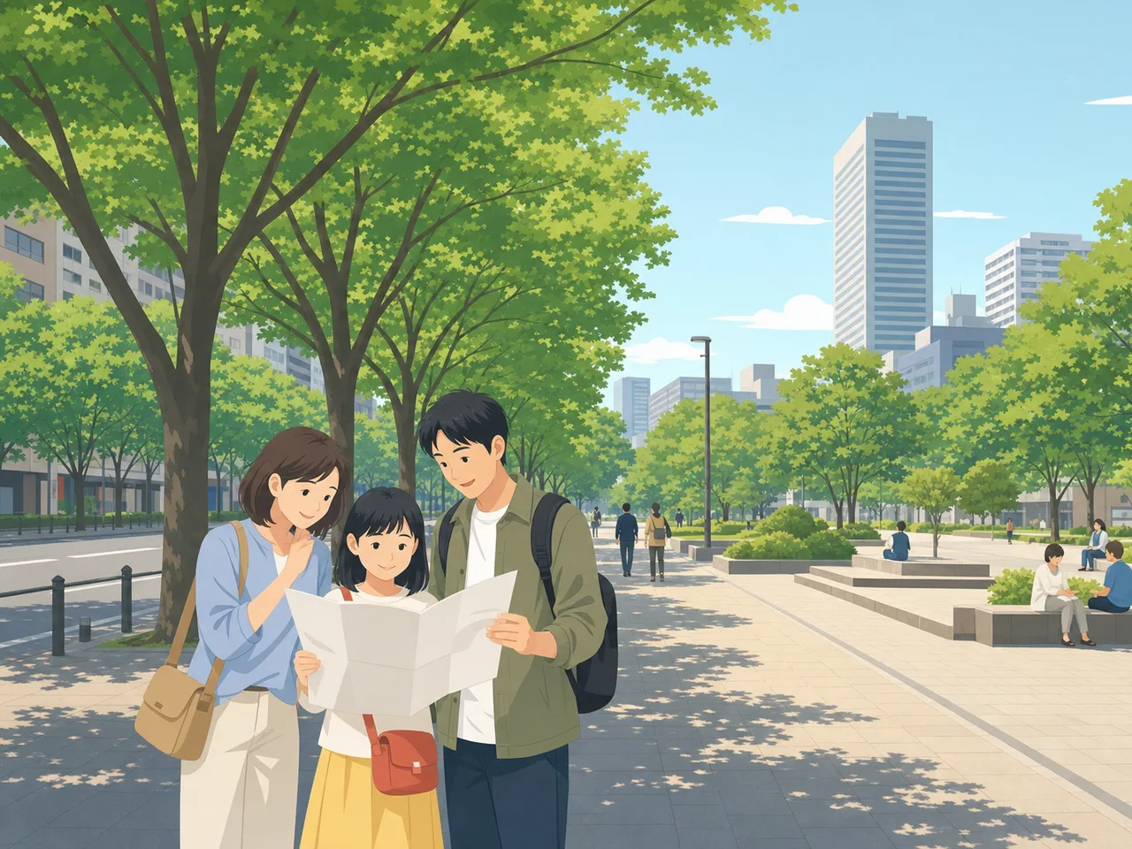 仙台の緑ある街を歩く日本人旅行者（フラットイラスト）。仙台、東北旅行、街歩き、都市観光の記事向け素材です。