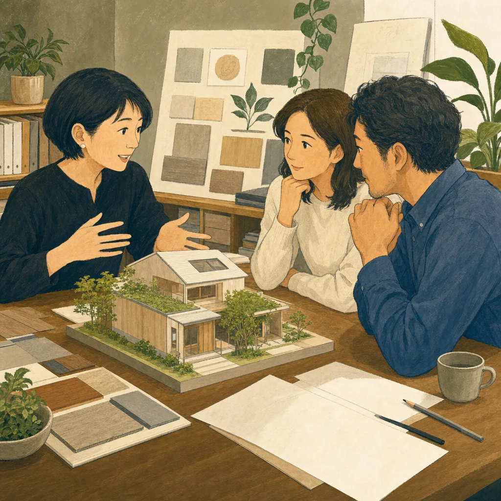 住まいを提案する日本人建築士（編集記事向け）。建築士、住宅設計、家づくり、設計相談の記事向け素材です。