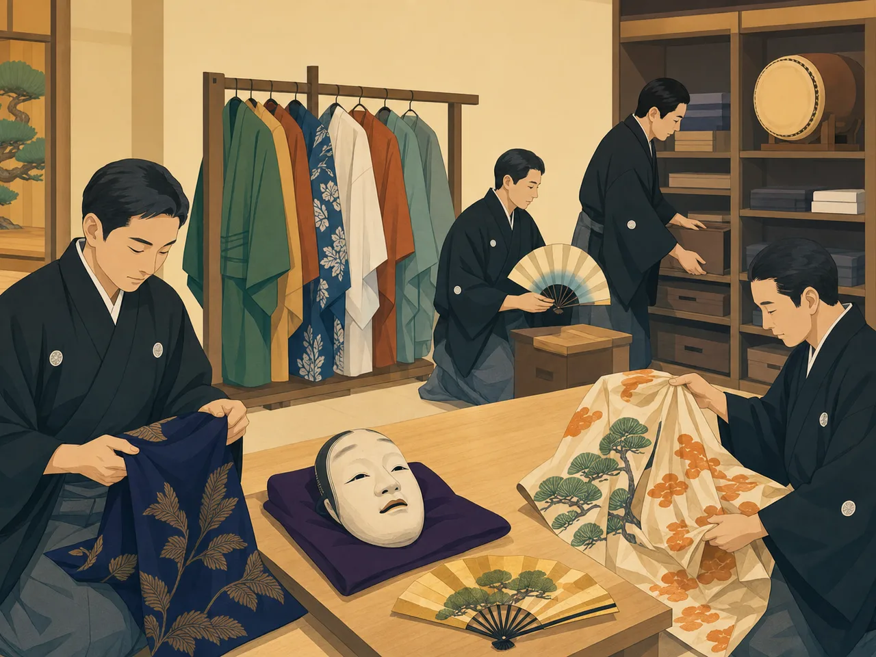 能舞台の準備をする日本人スタッフ（フラットイラスト）。能舞台の準備、能楽堂の舞台裏、能、伝統芸能の記事や案内に使える商用素材です。