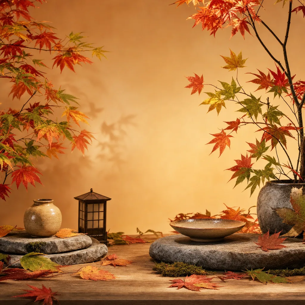 深みのある紅葉背景（立体ディスプレイ）。紅葉背景、秋、もみじ、季節デザイン向け素材です。