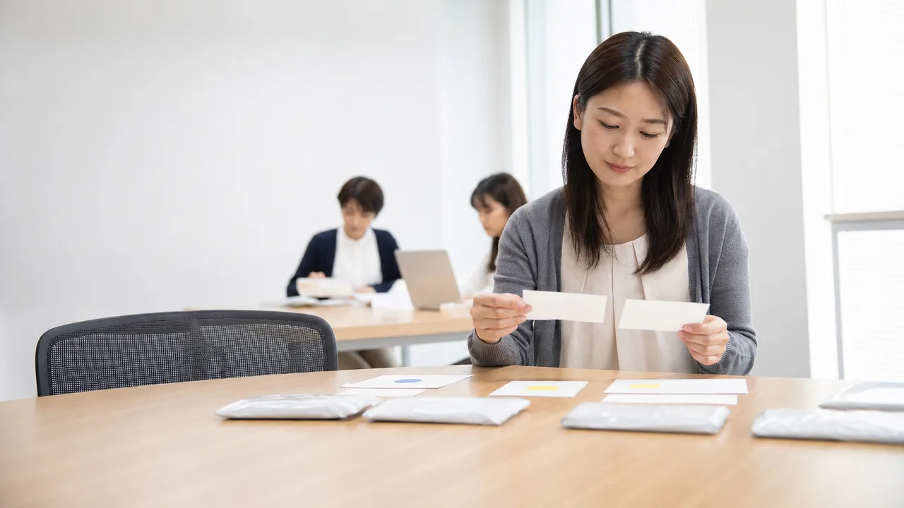 請求書を管理する日本人経理担当者（横長・コピースペース）。請求書管理、経理、支払業務、買掛金の記事や案内に使える商用素材です。