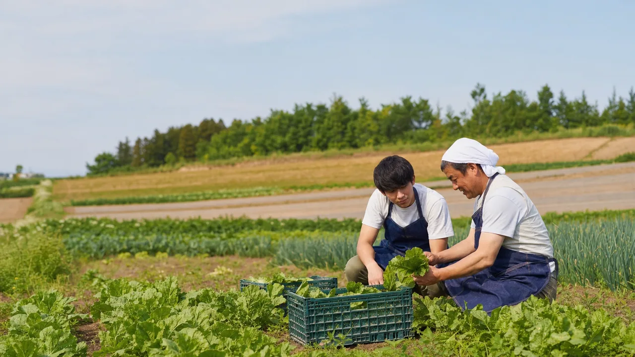 野菜を収穫する日本の農家（横長・コピースペース）。農業、地産地消、一次産業、食育の記事に使える収穫素材です。