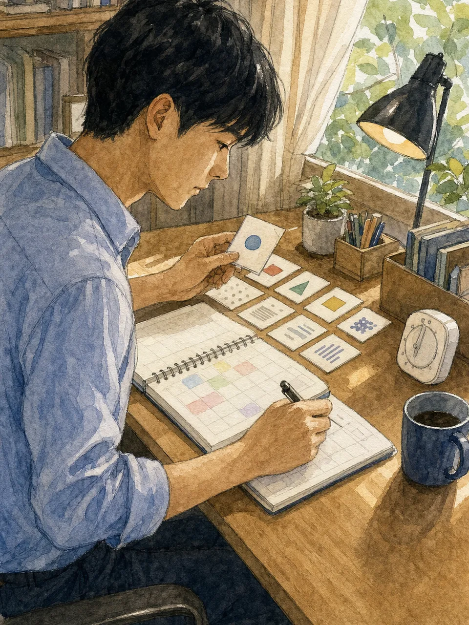 資格勉強をする日本人社会人（手描き水彩）。資格勉強、試験対策、社会人、自己学習の記事向け素材です。