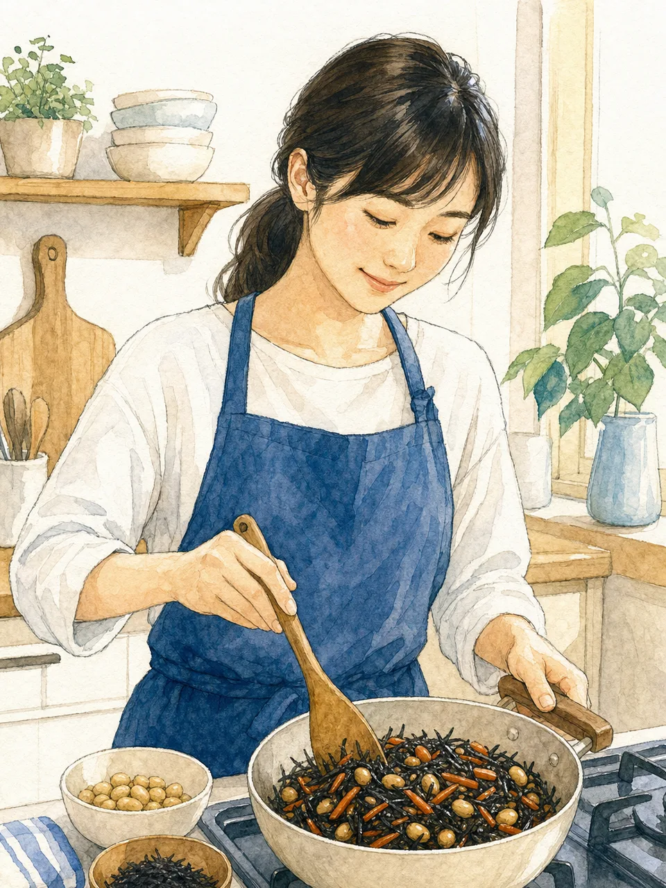 ひじきの煮物を作る日本人（手描き水彩）。ひじきの煮物、ひじき料理、家庭料理、和食の記事や案内に使える商用素材です。