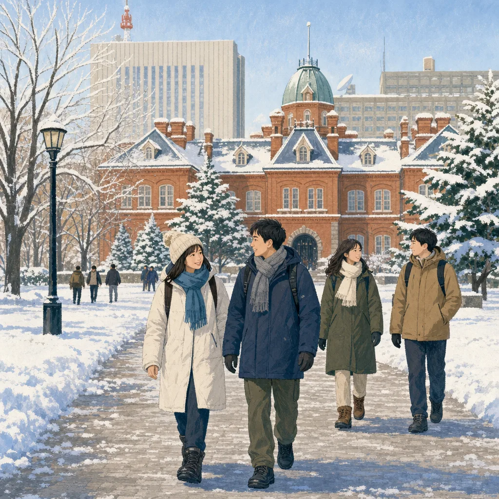 冬の札幌を歩く日本人旅行者（編集記事向け）。札幌、北海道旅行、雪の街、冬旅行の記事向け素材です。