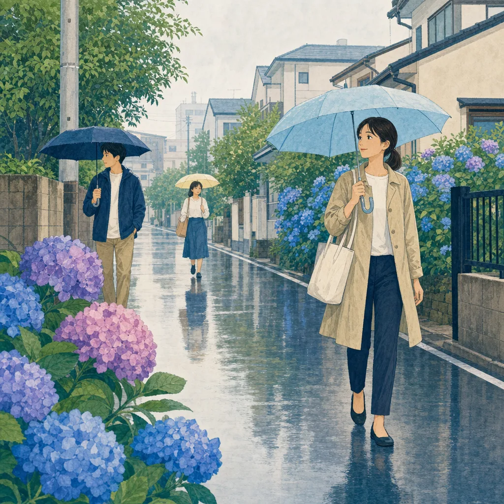 梅雨の街を歩く日本人（編集記事向け）。梅雨、雨、通勤、暮らしの記事に使える季節素材です。