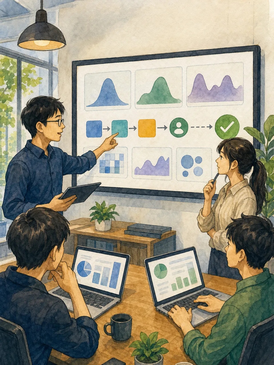 機械学習モデルを監視する日本人技術者（手描き水彩）。MLOps、機械学習、モデル監視、AI運用の記事や案内に使える商用素材です。