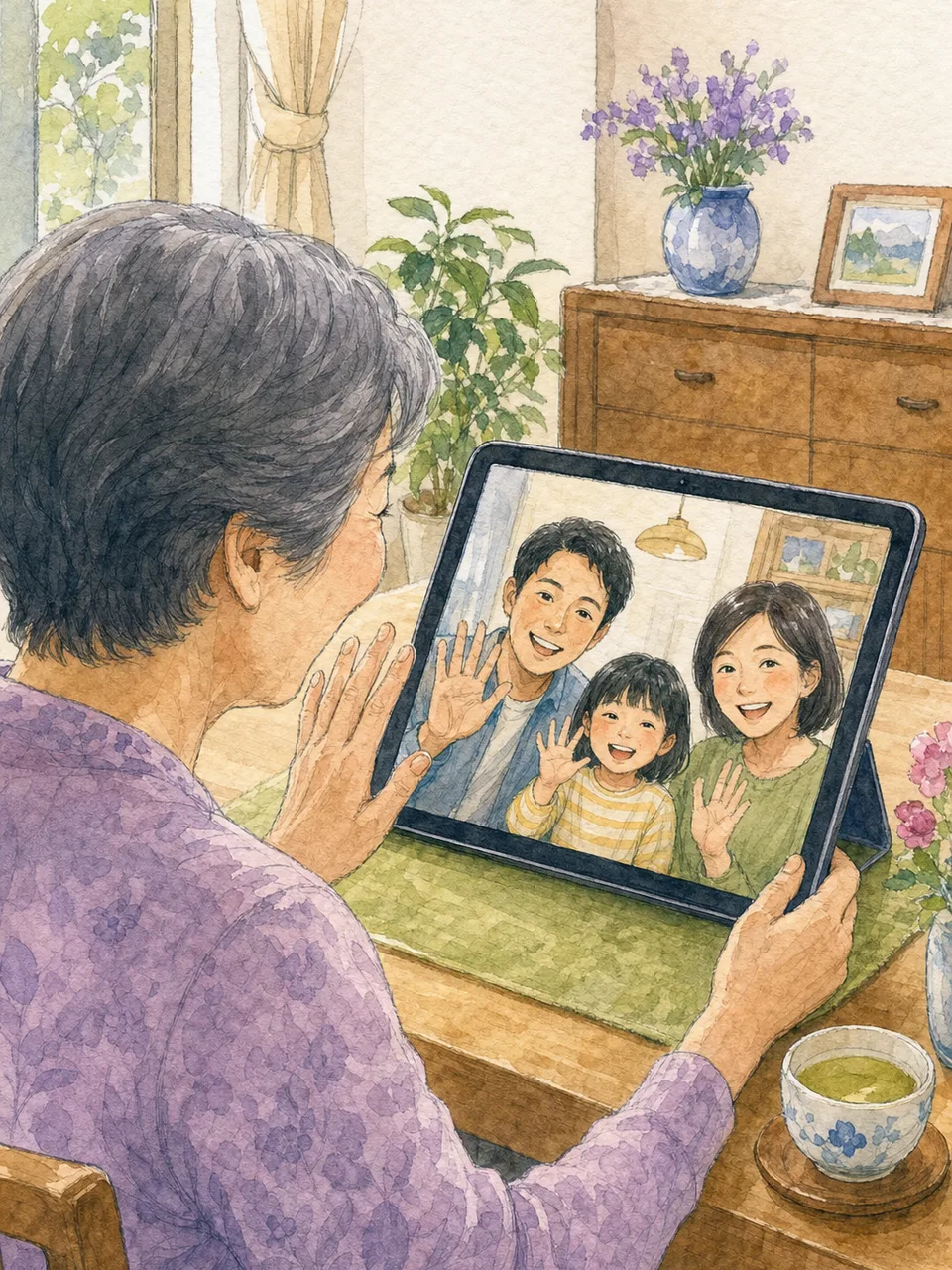 ビデオ通話でつながる日本人の遠距離家族（手描き水彩）。遠距離家族、ビデオ通話、家族交流、オンラインの記事向け素材です。