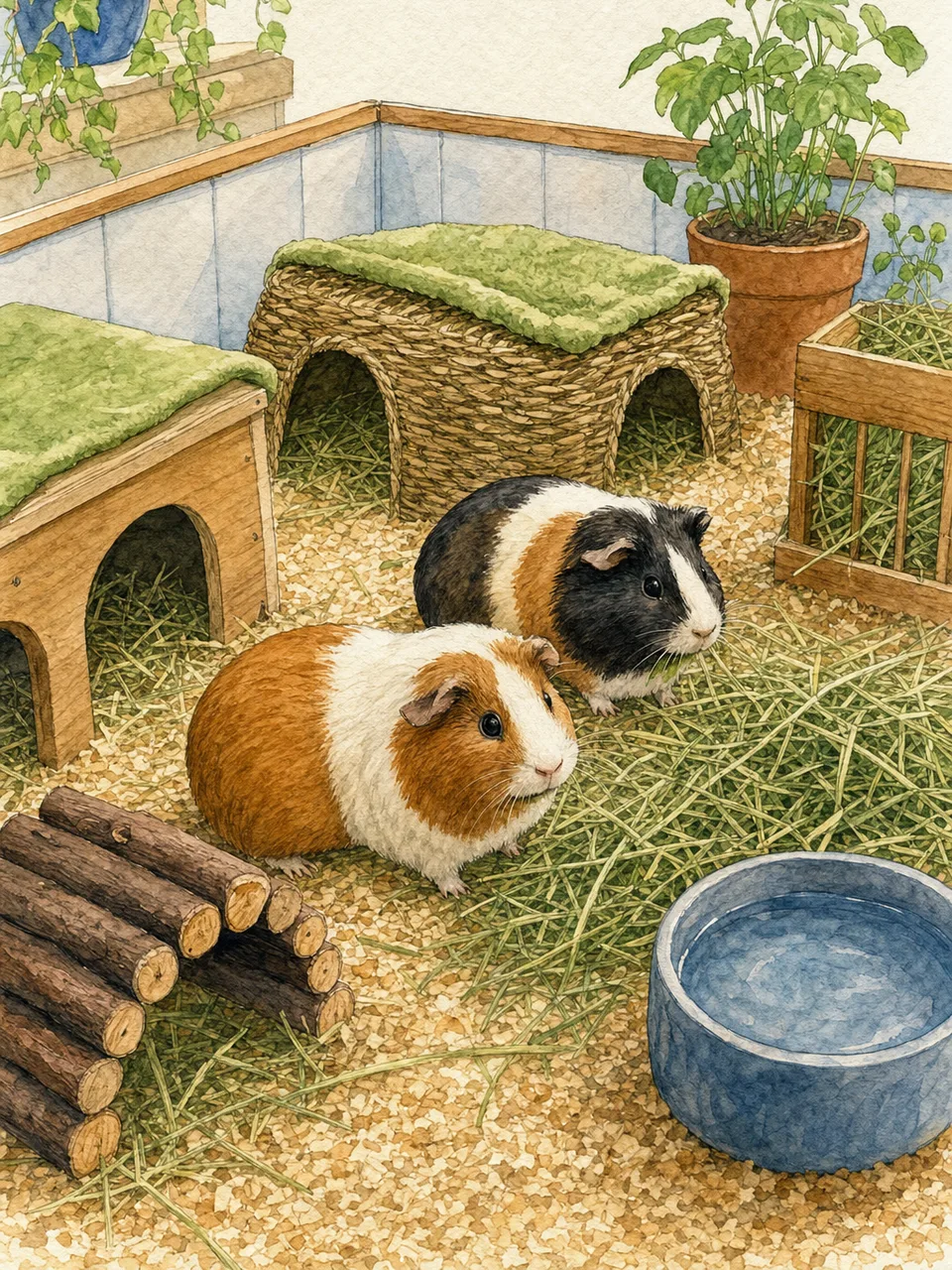 適切な環境で暮らすモルモット（手描き水彩）。モルモット、小動物、ペット、飼育環境の記事向け素材です。