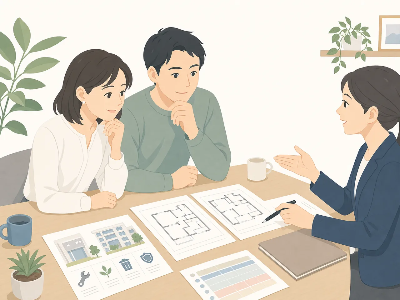 マンション購入を相談する日本人（フラットイラスト）。マンション購入、住宅購入、資金計画、不動産の記事向け素材です。