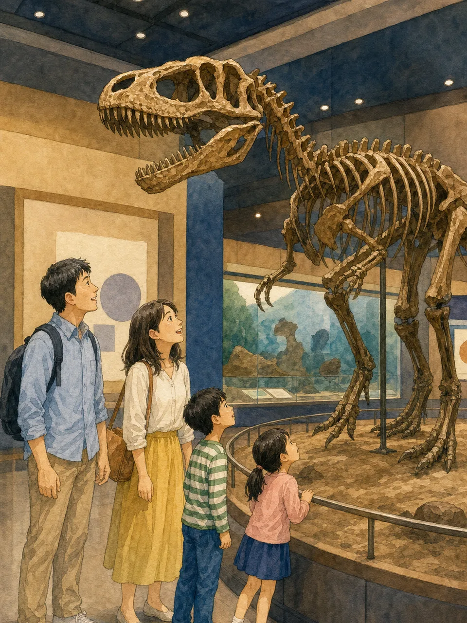 福井で恐竜を学ぶ家族旅行（手描き水彩）。福井旅行、恐竜博物館、家族旅行、北陸旅行の記事や案内に使える商用素材です。