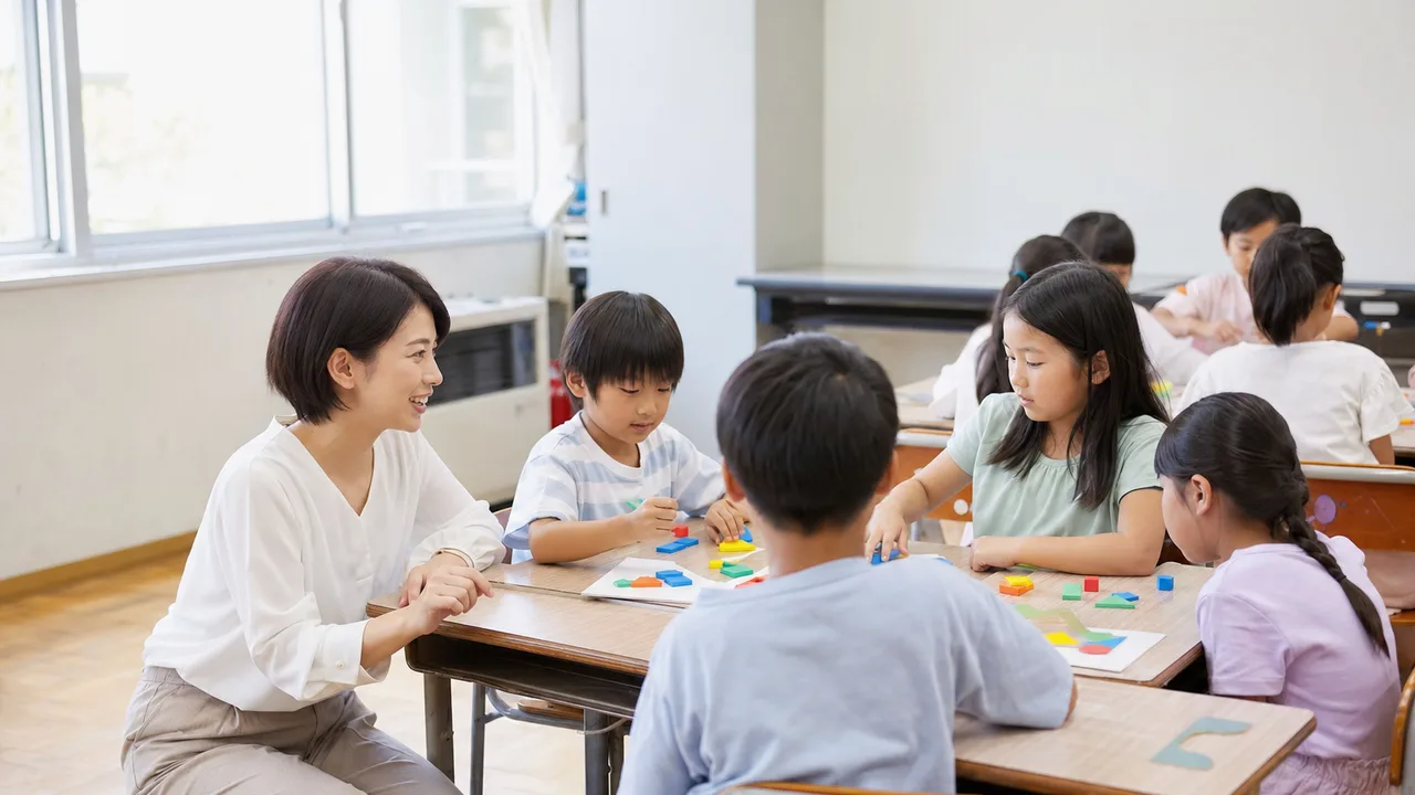 授業を支える日本人小学校教師（横長・コピースペース）。小学校教師、授業、学校教育、児童の学びの記事向け素材です。