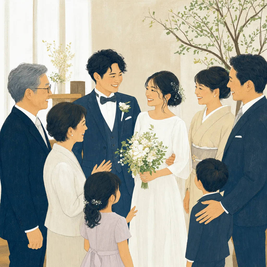 結婚式を祝う日本人カップルと家族（編集記事向け）。結婚式、ウェディング、家族、ブライダルサービス向け素材です。
