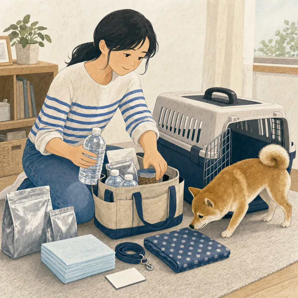 ペット防災を準備する日本人（編集記事向け）。ペット防災、避難準備、犬猫、防災の記事向け素材です。
