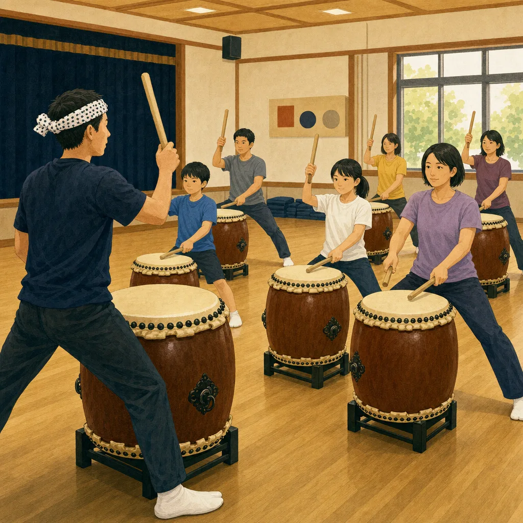 和太鼓を練習する日本人（編集記事向け）。和太鼓、太鼓練習、伝統音楽、地域活動の記事や案内に使える商用素材です。