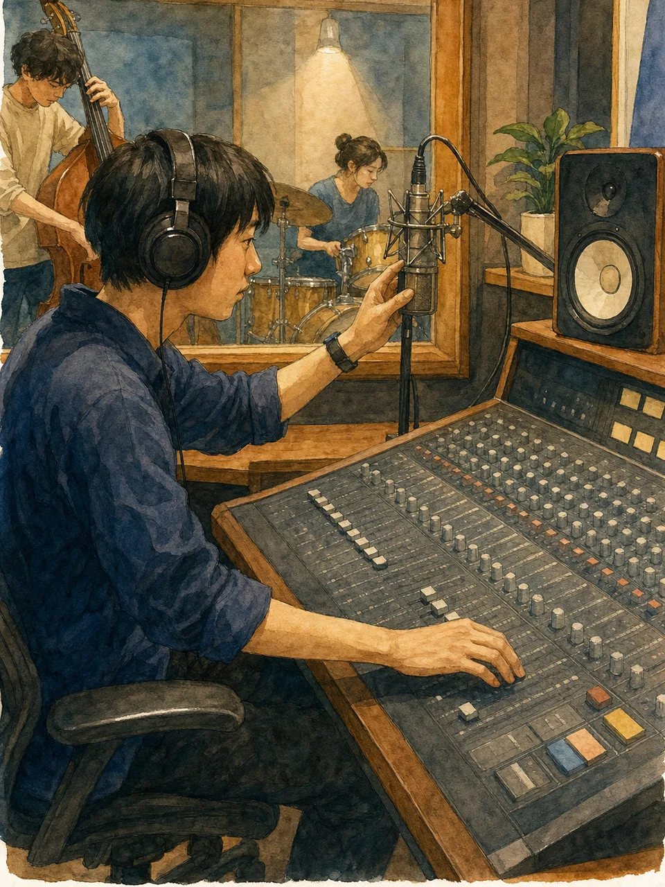 録音を調整する日本人音響エンジニア（手描き水彩）。音響エンジニア、レコーディング、録音、音楽制作の記事や案内に使える商用素材です。
