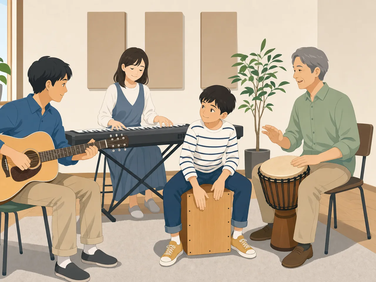 演奏を練習する日本人音楽家（フラットイラスト）。音楽家、演奏、リハーサル、文化活動の記事に使える素材です。