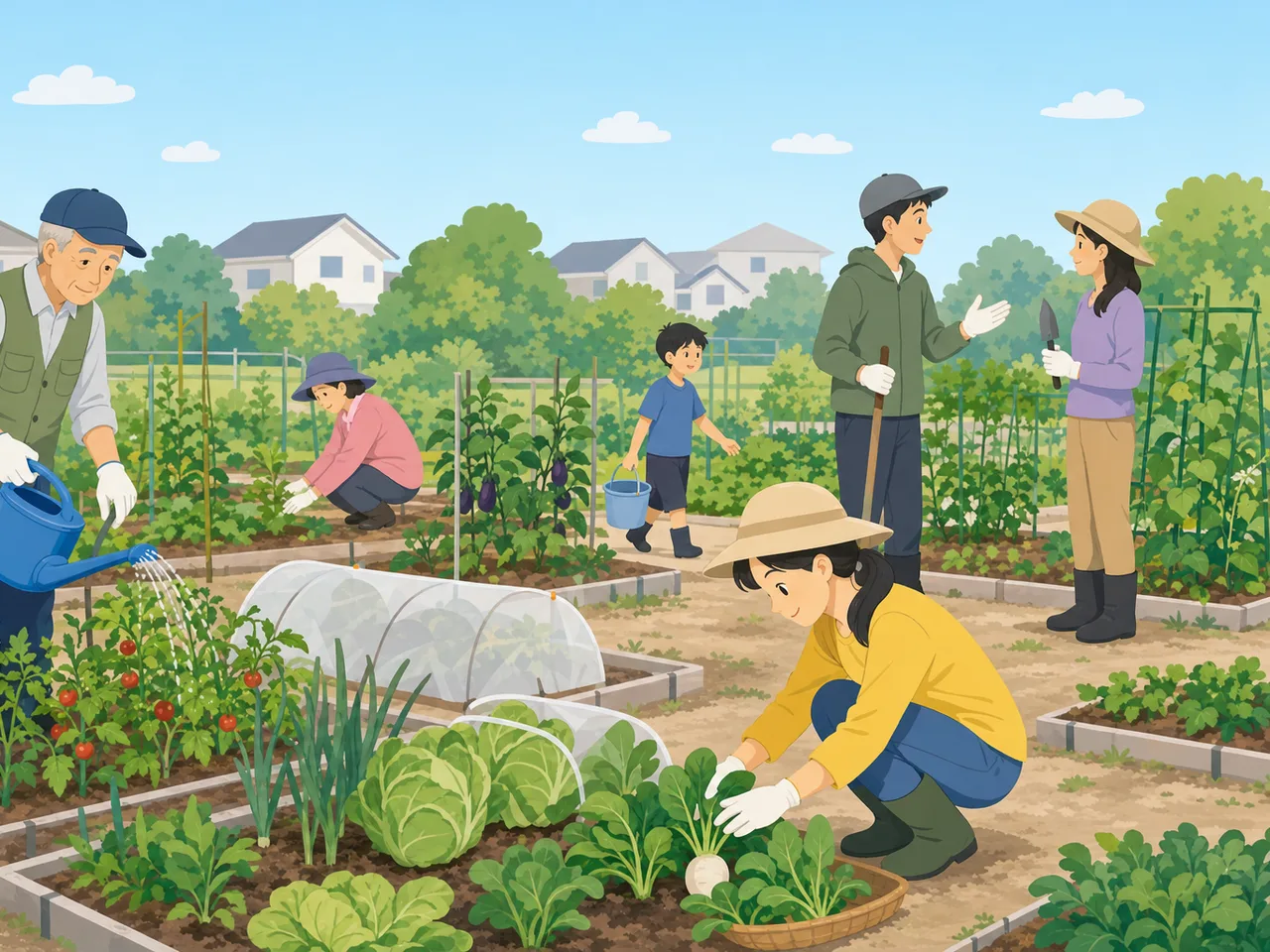 市民農園を楽しむ日本人（フラットイラスト）。市民農園、家庭菜園、地域交流、野菜作りの記事や案内に使える商用素材です。