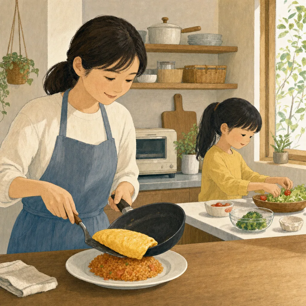 オムライスを作る日本人家族（編集記事向け）。オムライス、家庭料理、親子、昼食の記事向け素材です。