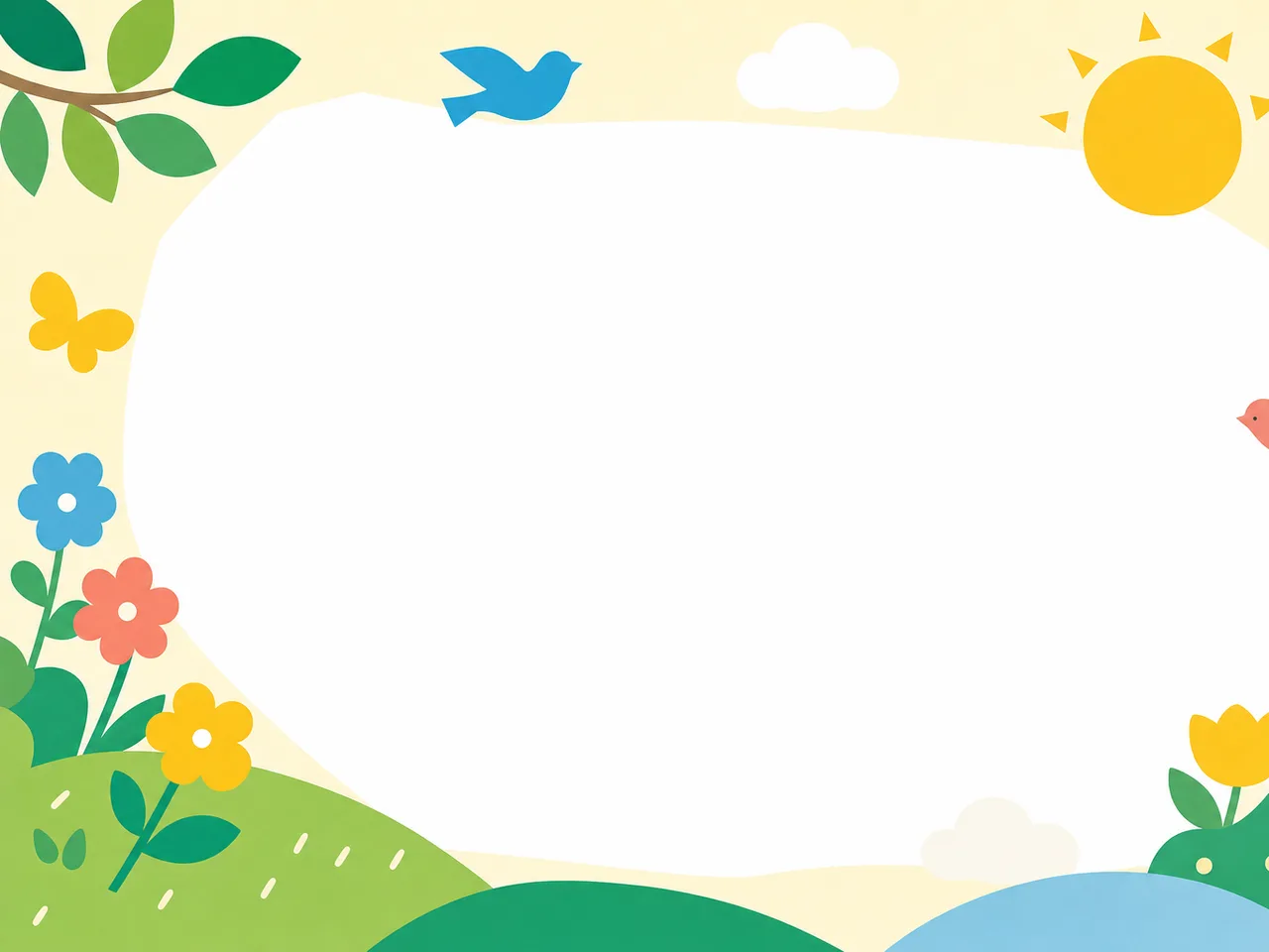 子ども向けの明るい背景（フレームイラスト）。子ども向け背景、教育、遊び、明るいデザイン向け素材です。