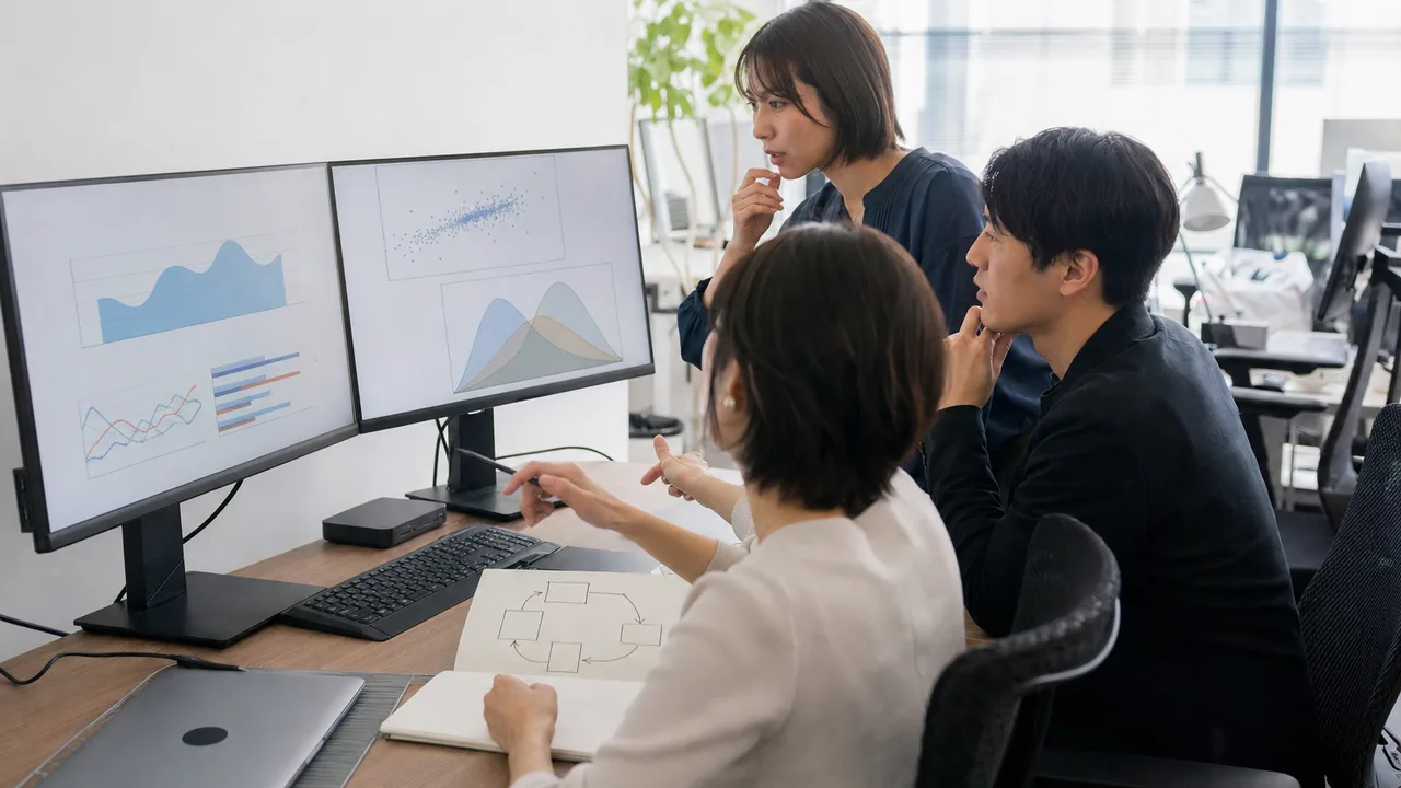 分析を進める日本人データサイエンティスト（横長・コピースペース）。データサイエンティスト、データ分析、AI、意思決定の記事向け素材です。