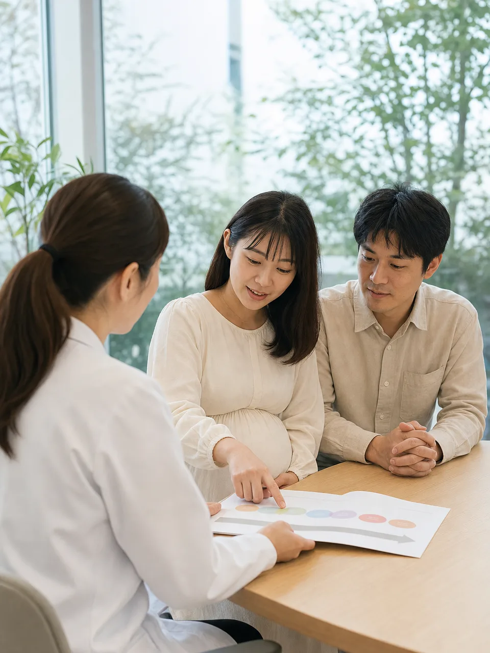 産婦人科で相談する日本人妊婦（自然な縦位置写真）。産婦人科、妊婦健診、妊娠、医療相談の記事向け素材です。