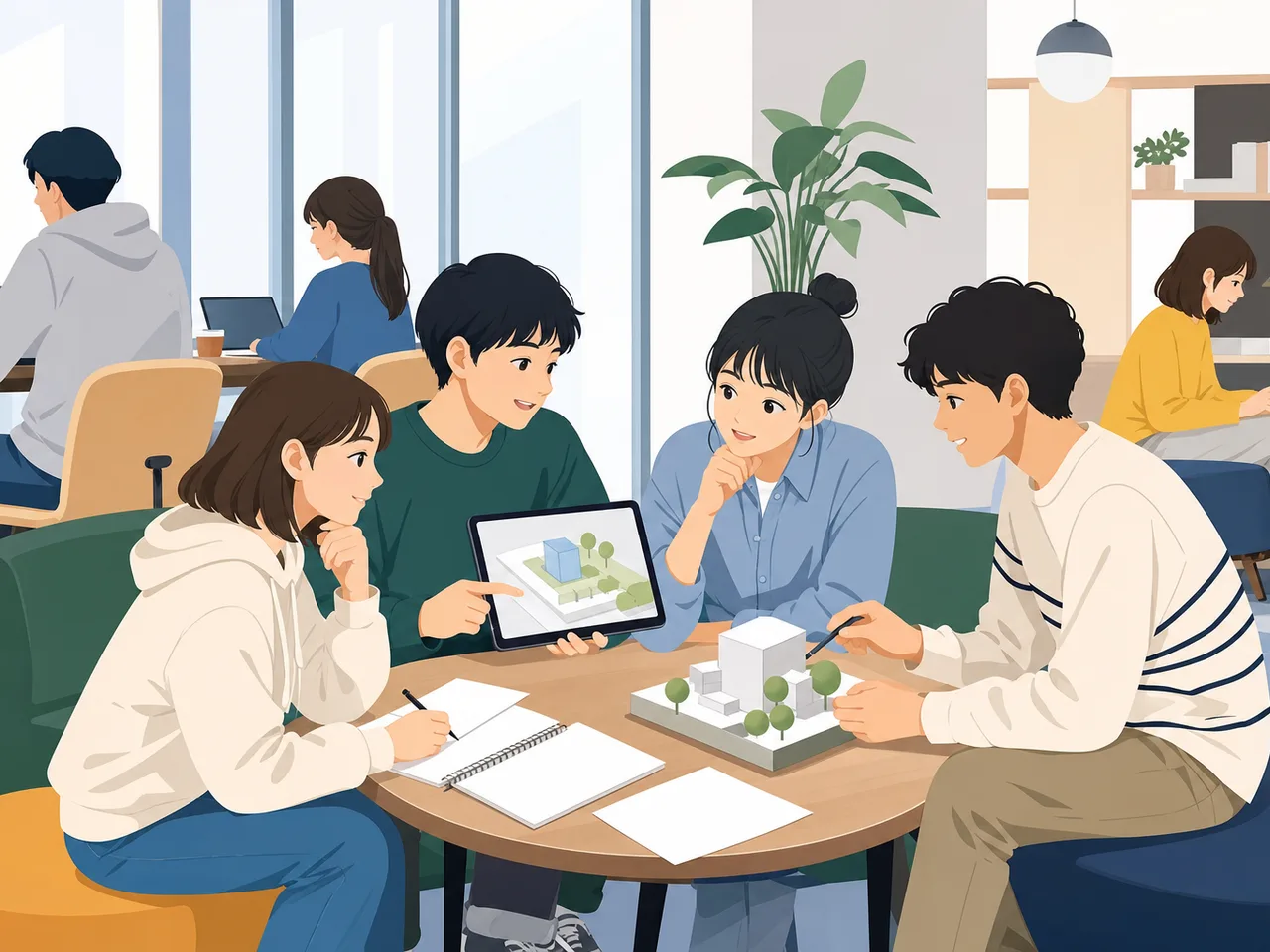 大学でプロジェクトに取り組む学生（フラットイラスト）。大学案内、就職支援、ゼミ、学生生活を表現できるキャンパス素材です。