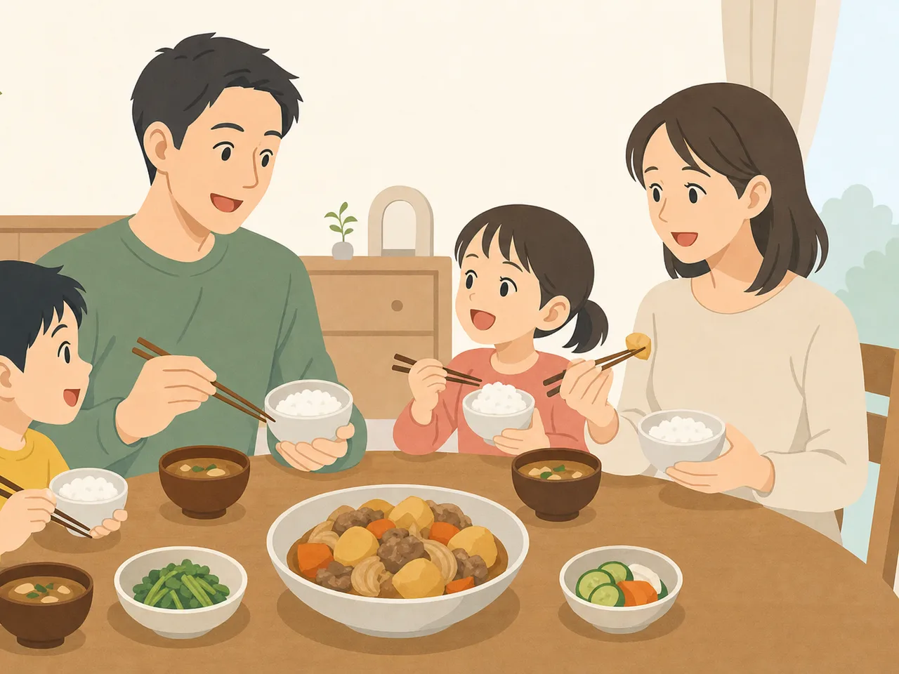 肉じゃがを囲む日本人家族（フラットイラスト）。肉じゃが、家庭料理、和食、家族の食卓の記事や案内に使える商用素材です。