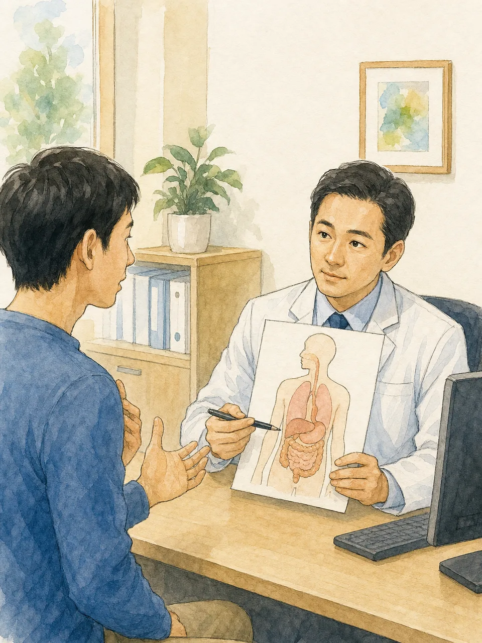 内科で相談する日本人患者（手描き水彩）。内科、かかりつけ医、診察、健康相談の記事向け素材です。