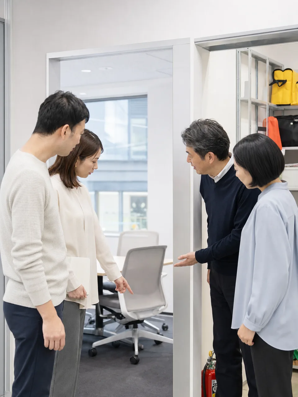 職場を支える日本人総務担当者（自然な縦位置写真）。総務、職場環境、備品管理、社内調整の記事向け素材です。