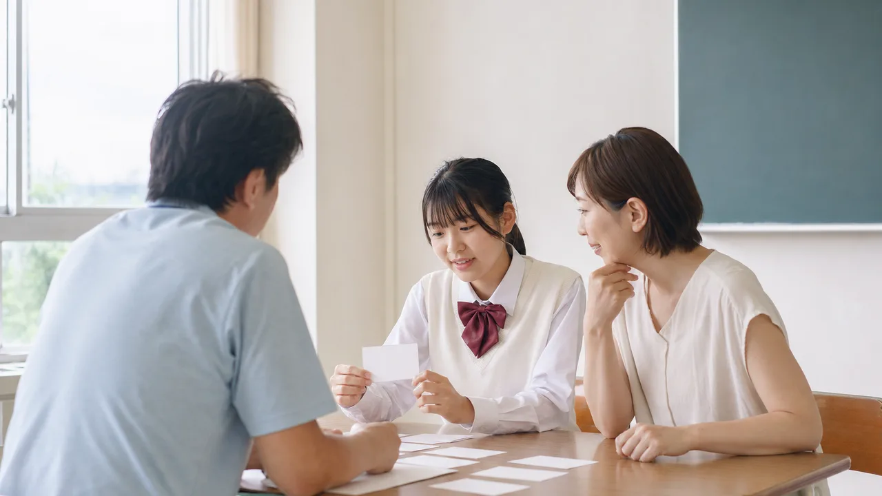 保護者面談をする日本人の教師と親（横長・コピースペース）。保護者面談、個人面談、教師、家庭連携の記事向け素材です。