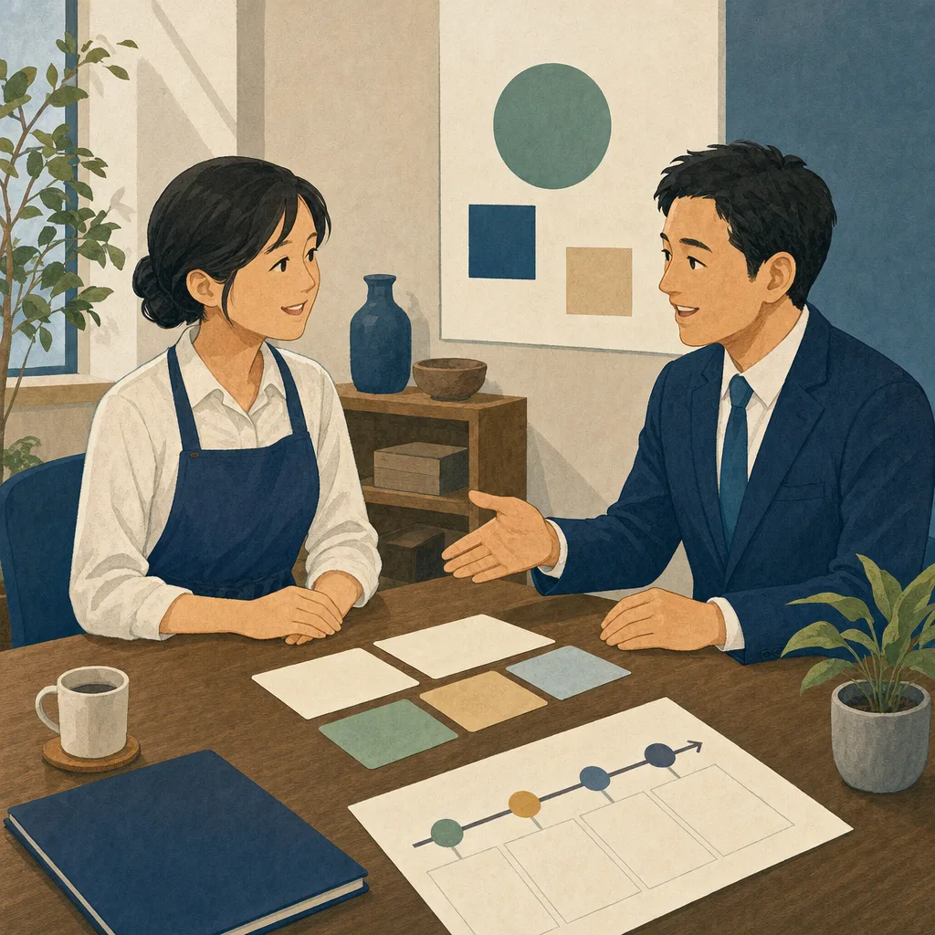 事業融資を相談する日本人経営者（編集記事向け）。事業融資、中小企業、銀行相談、資金調達の記事や案内に使える商用素材です。