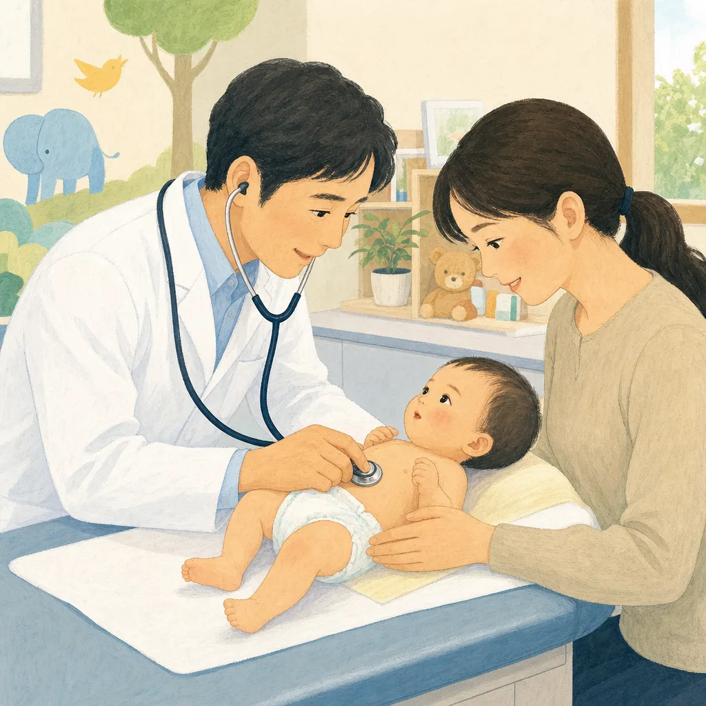 赤ちゃんの乳幼児健診（編集記事向け）。小児科、自治体、母子保健の案内に使える、乳児と保護者の健診素材です。
