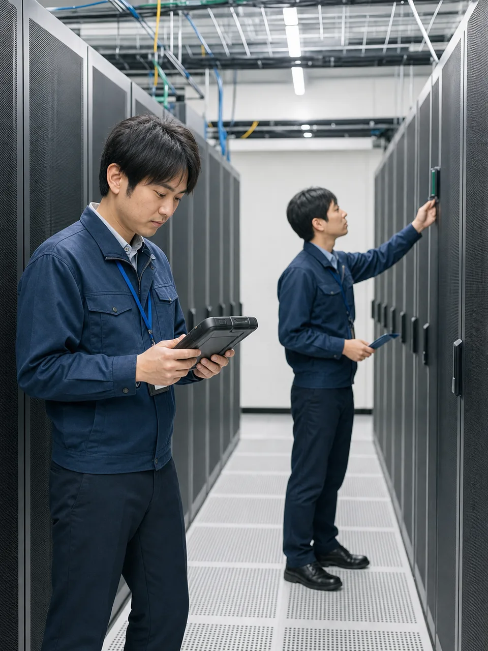 データセンターを点検する日本人技術者（自然な縦位置写真）。データセンター、サーバー、ITインフラ、保守の記事向け素材です。