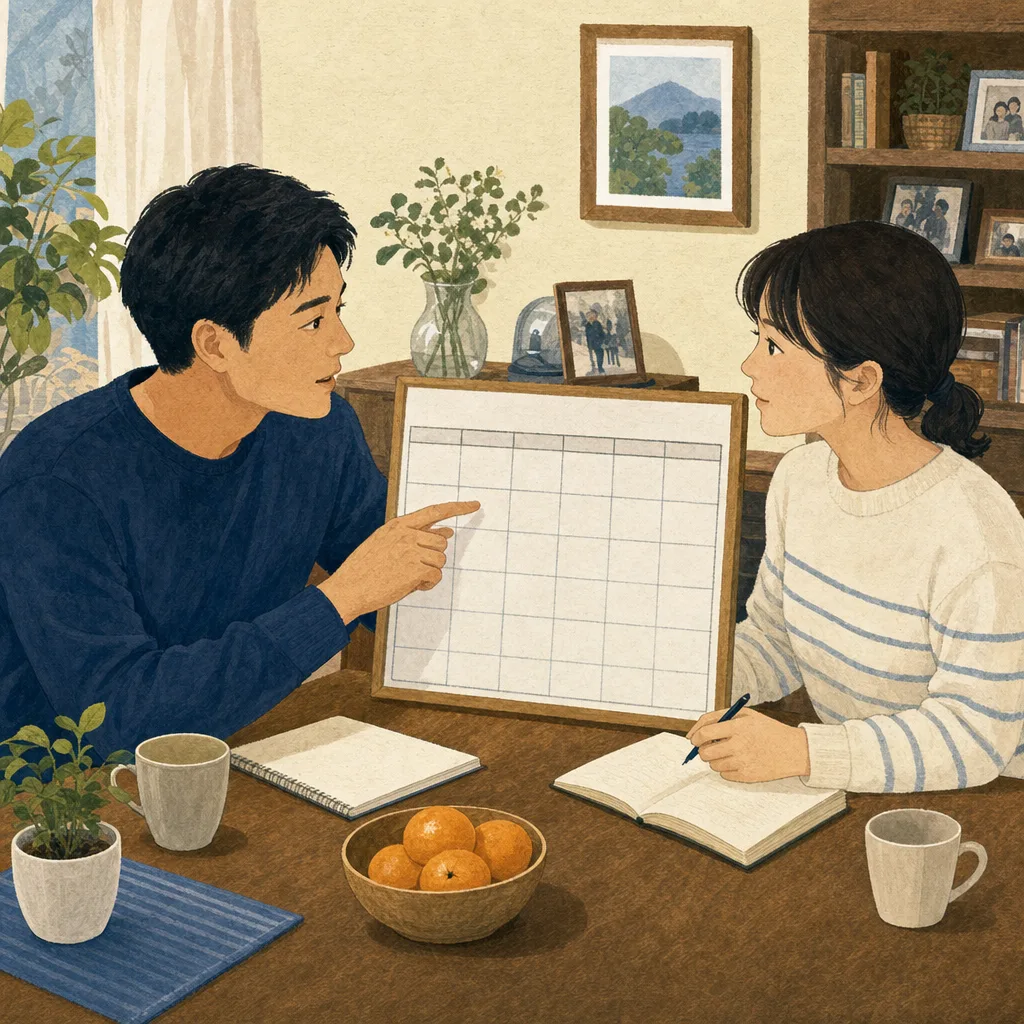 家族の役割を話し合う日本人の成人きょうだい（編集記事向け）。成人きょうだい、兄弟姉妹、家族会議、協力の記事向け素材です。