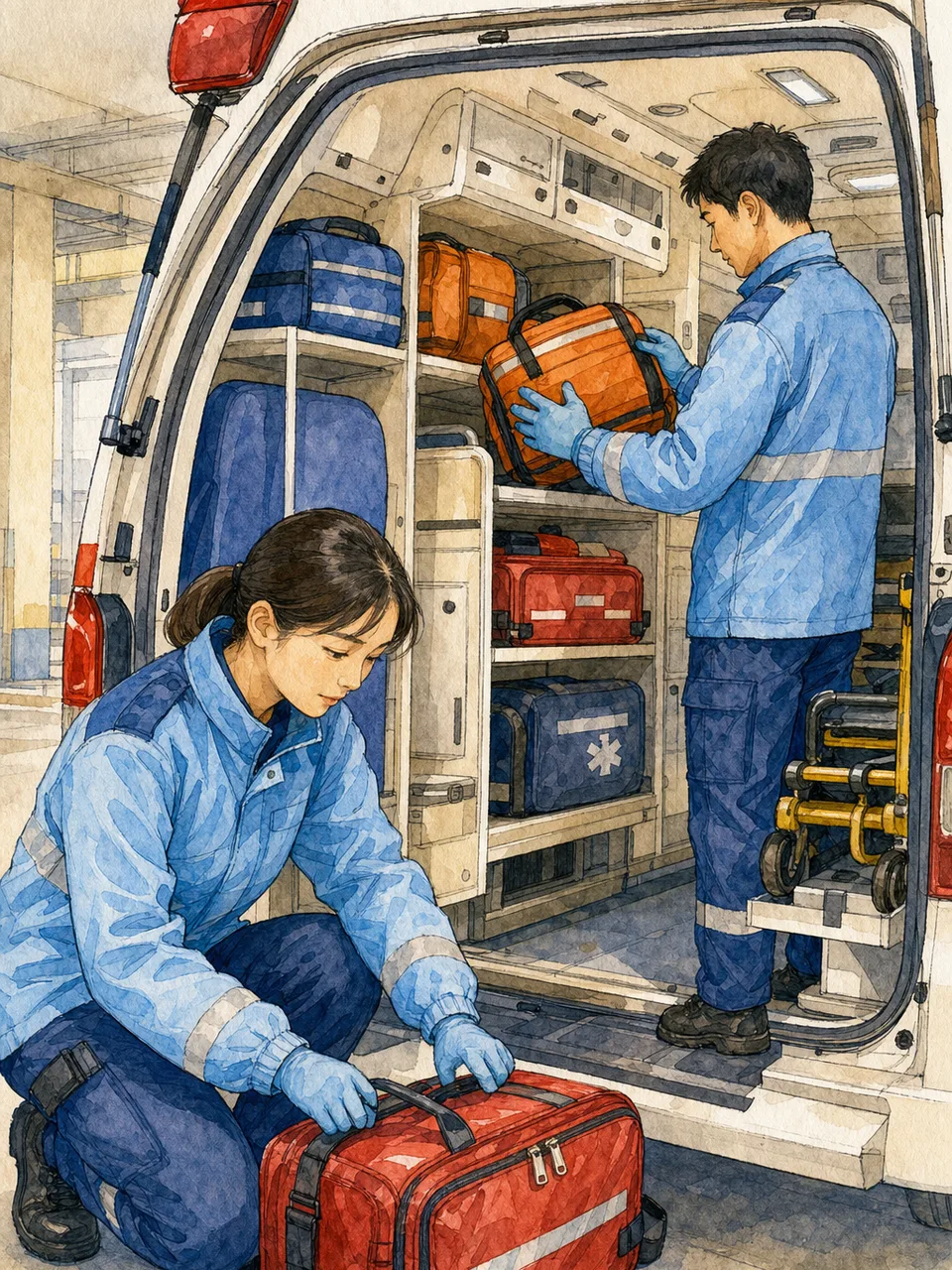 救急車の装備を点検する日本人救急救命士（手描き水彩）。救急救命士、救急、装備点検、地域医療の記事向け素材です。