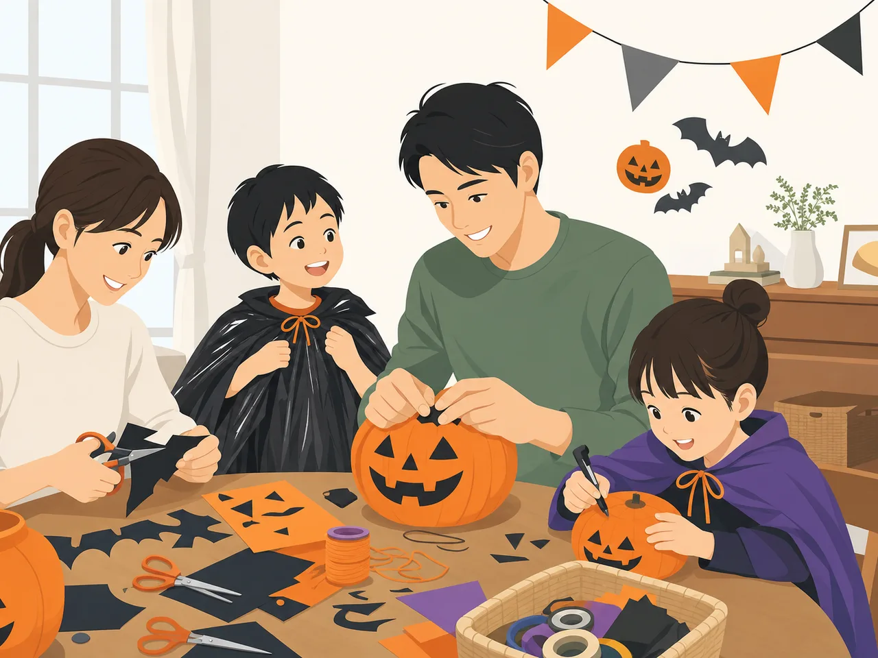 家族で楽しむハロウィン（フラットイラスト）。秋のイベント、子育て、地域行事の告知に使える、明るく安全なハロウィン素材です。