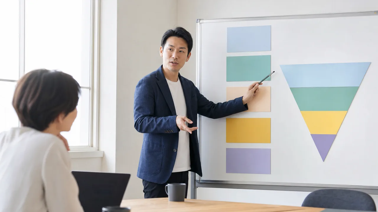 営業案件を確認する日本人チーム（横長・コピースペース）。営業案件管理、営業パイプライン、営業会議、営業管理の記事や案内に使える商用素材です。